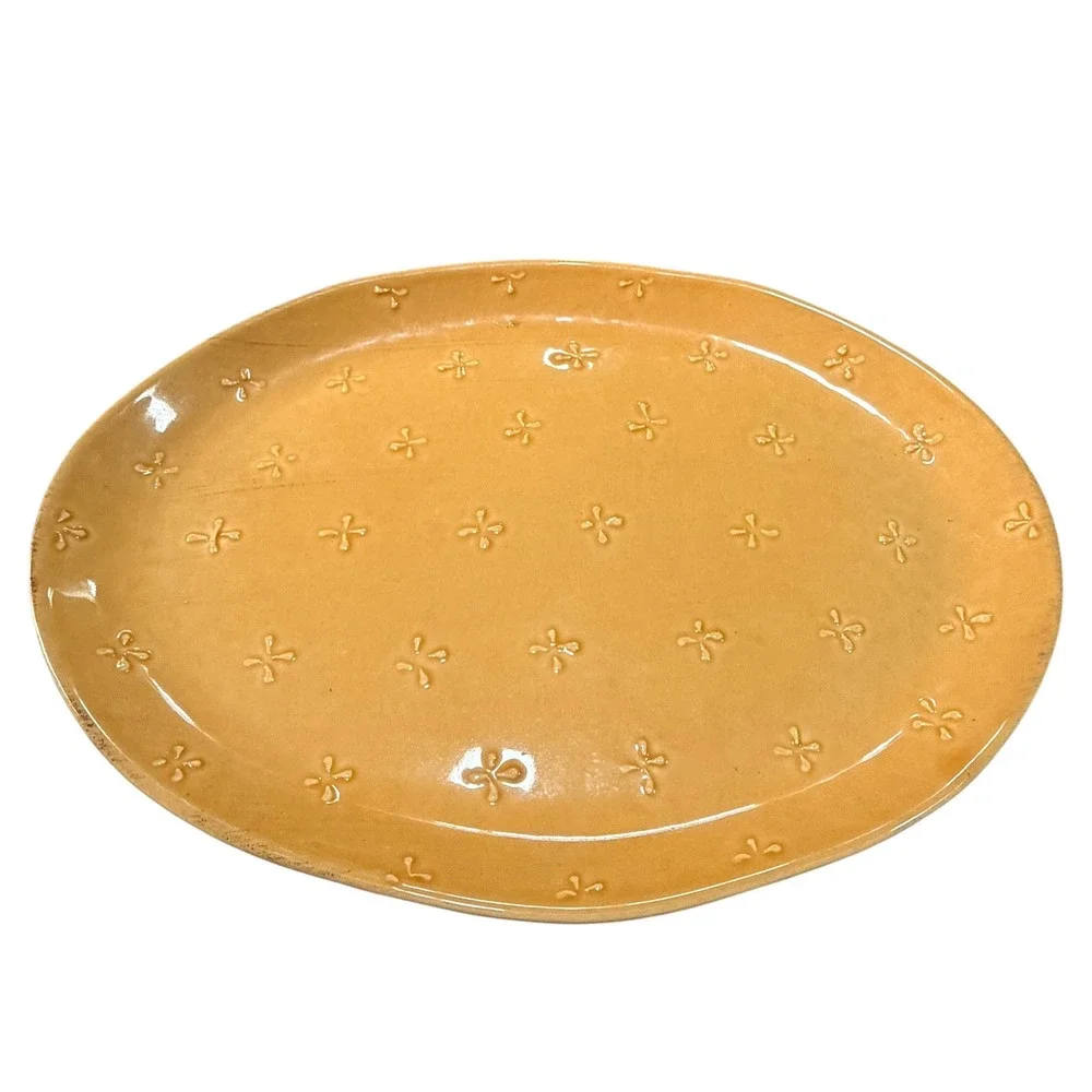 Portugal Terracotta Oval Serving Platter Mustard Yellow Embossed Floral 16 Inch